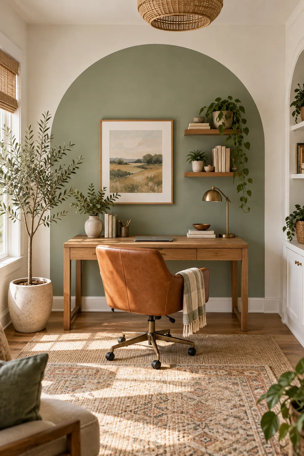A sage green painted arch framing a wooden desk in a home office.