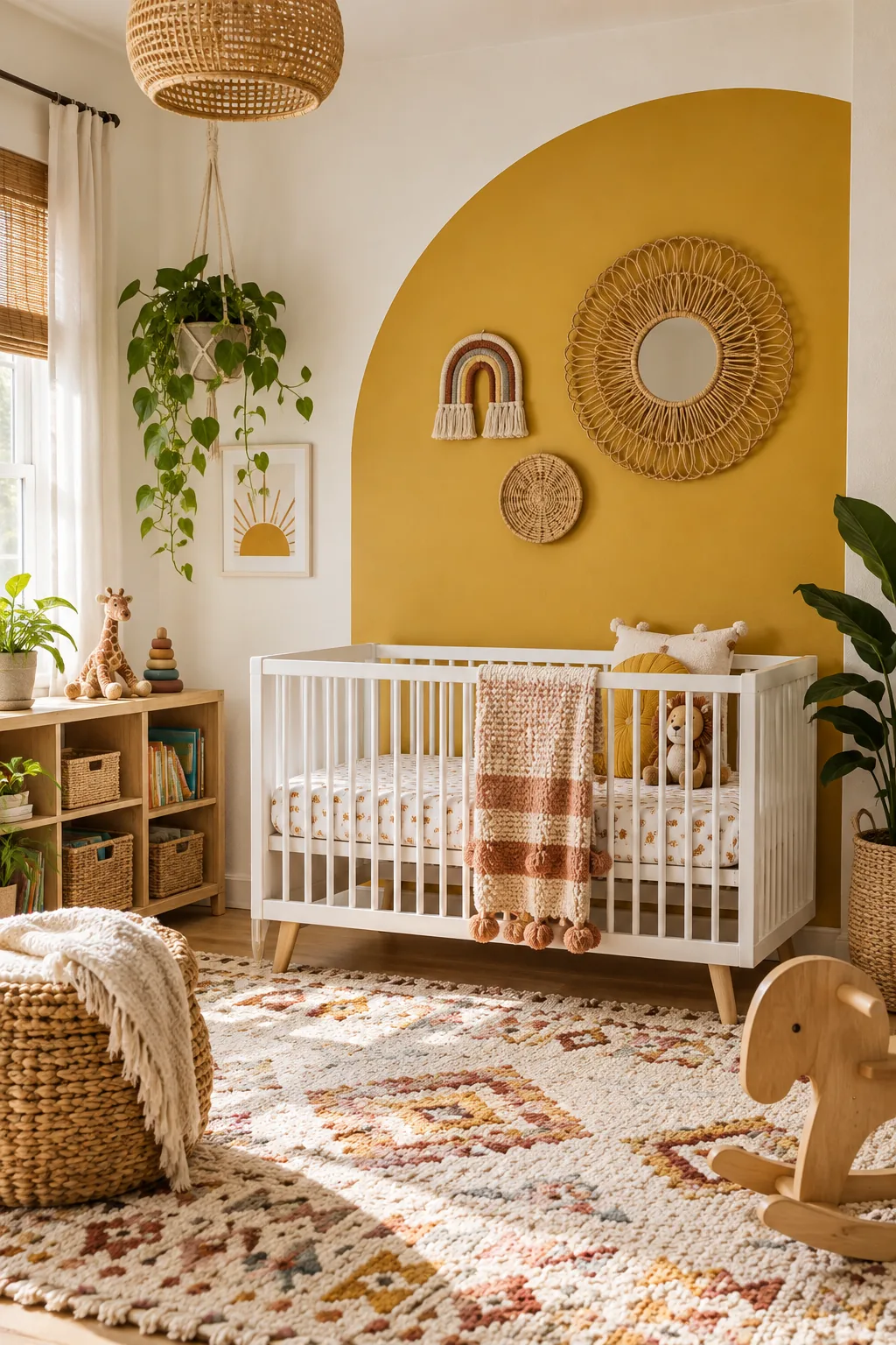 A mustard yellow asymmetrical painted arch behind a white crib in a nursery.