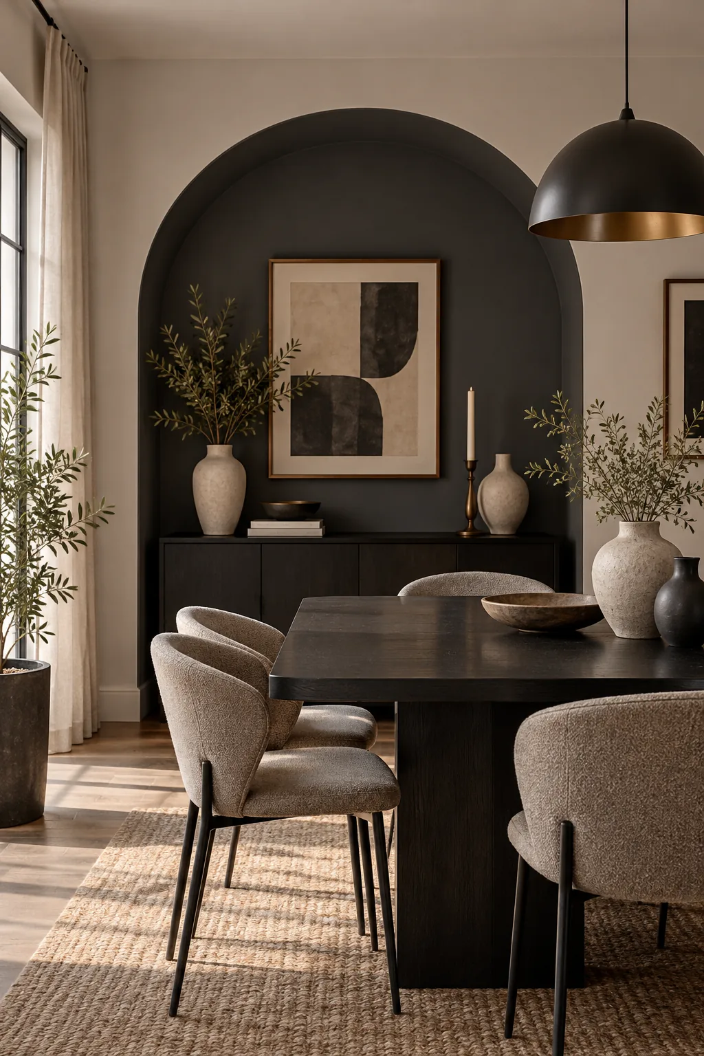 A charcoal gray painted arch framing a black dining table in a minimalist dining room.