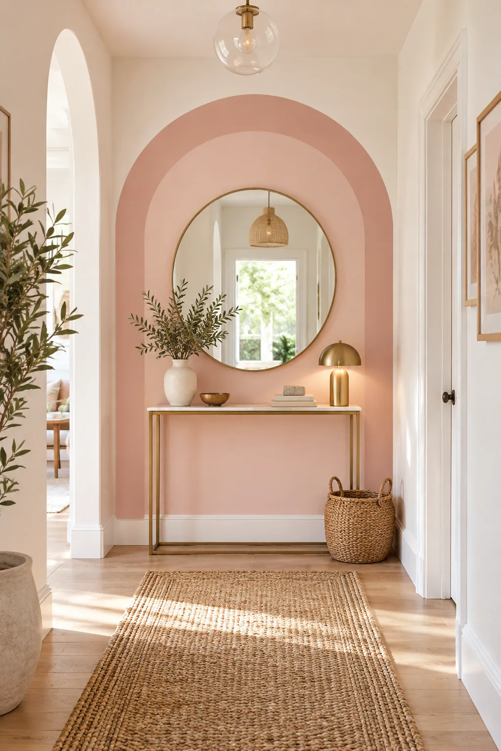 A blush pink double painted arch behind a console table in a hallway.