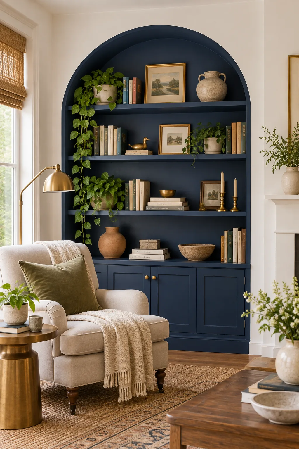 A navy blue half-arch painted around a living room bookshelf.