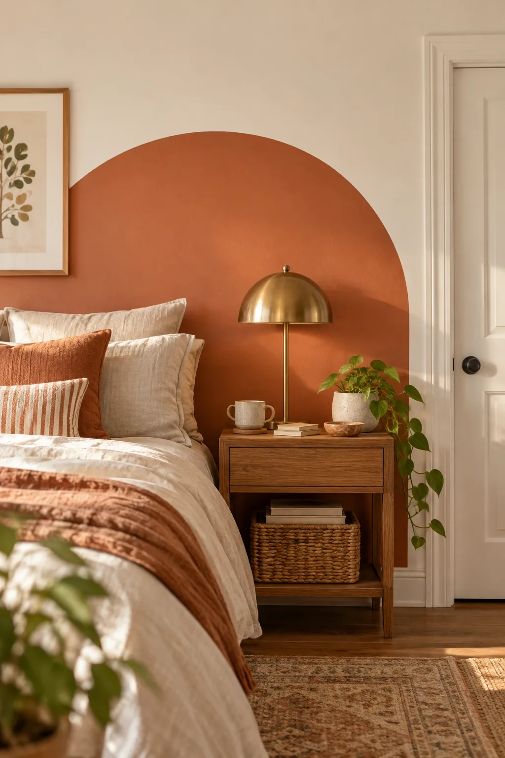 A finished terracotta painted arch behind a bed, aligned perfectly with the adjacent white door frame.