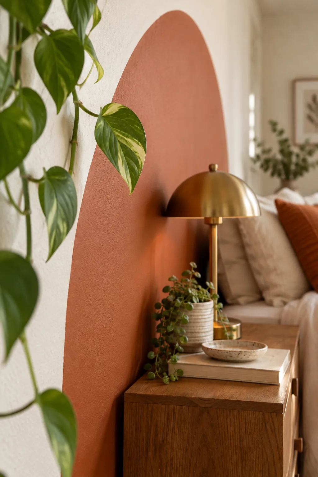 Close-up of a finished painted arch curve behind a brass bedside lamp and wooden nightstand.