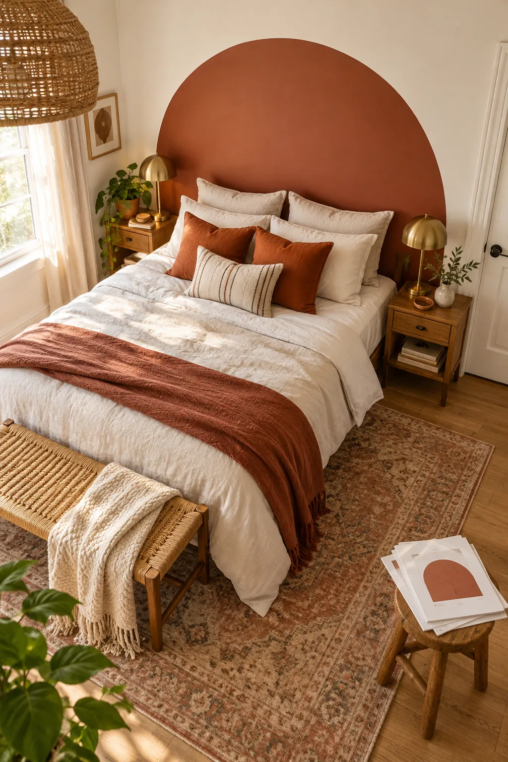 Rich, opaque terracotta painted wall arch behind layered neutral and rust-colored pillows.