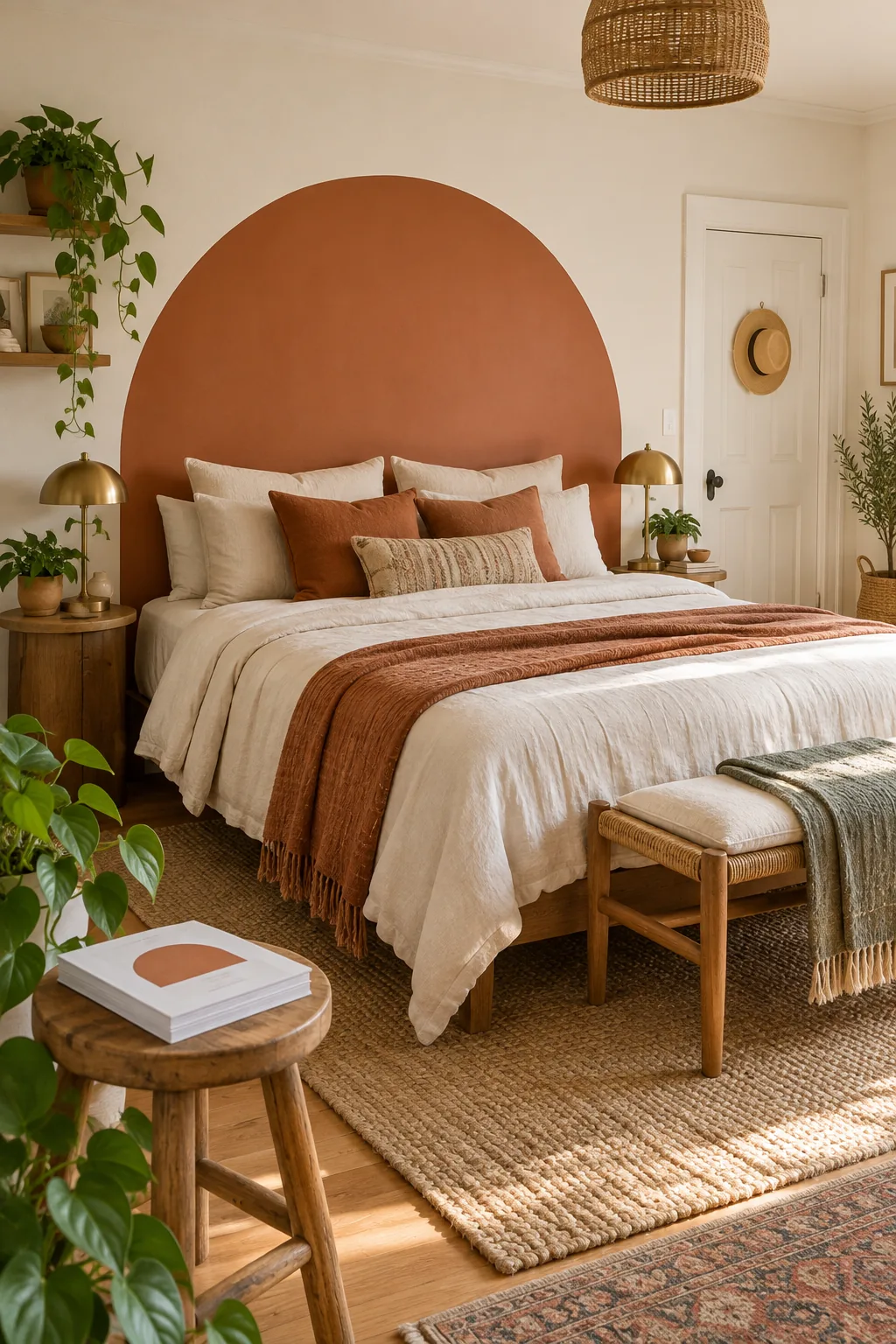 A beautiful bedroom with a terracotta painted arch headboard and printed layout guides resting on a bedside stool.