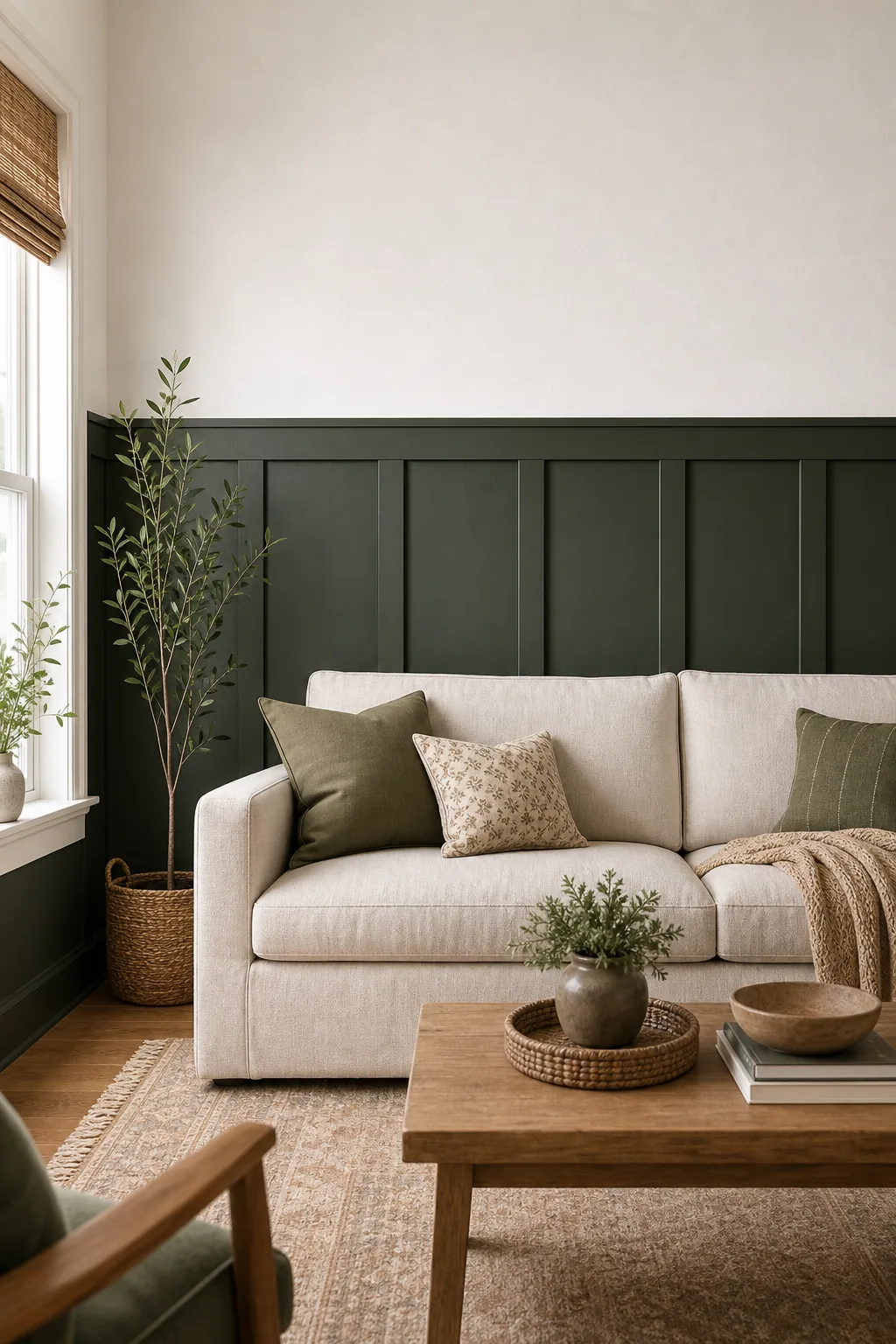 Deep green wall panelling behind a neutral sofa, showing the panelling stopping just above the sofa back.