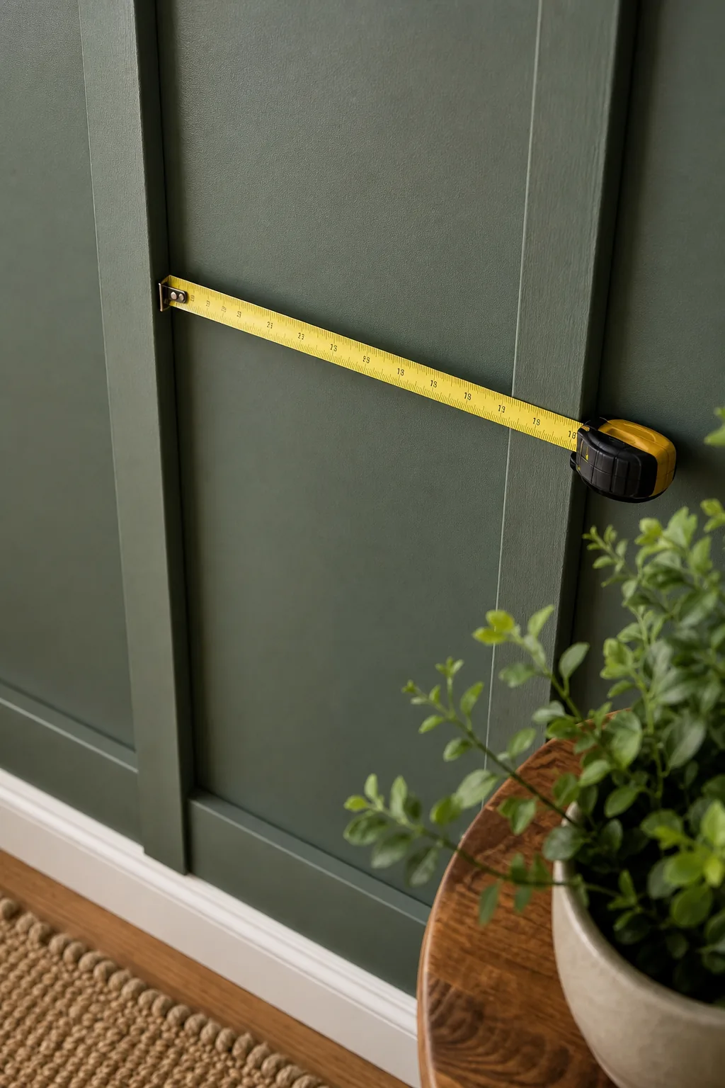 Yellow tape measure stretched horizontally between two vertical green wall battens.