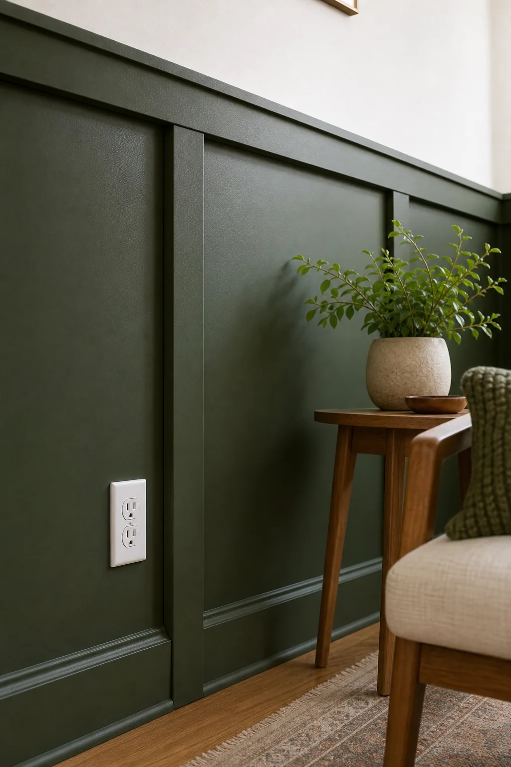 Vertical green wall batten installed a few inches to the left of a white electrical outlet.