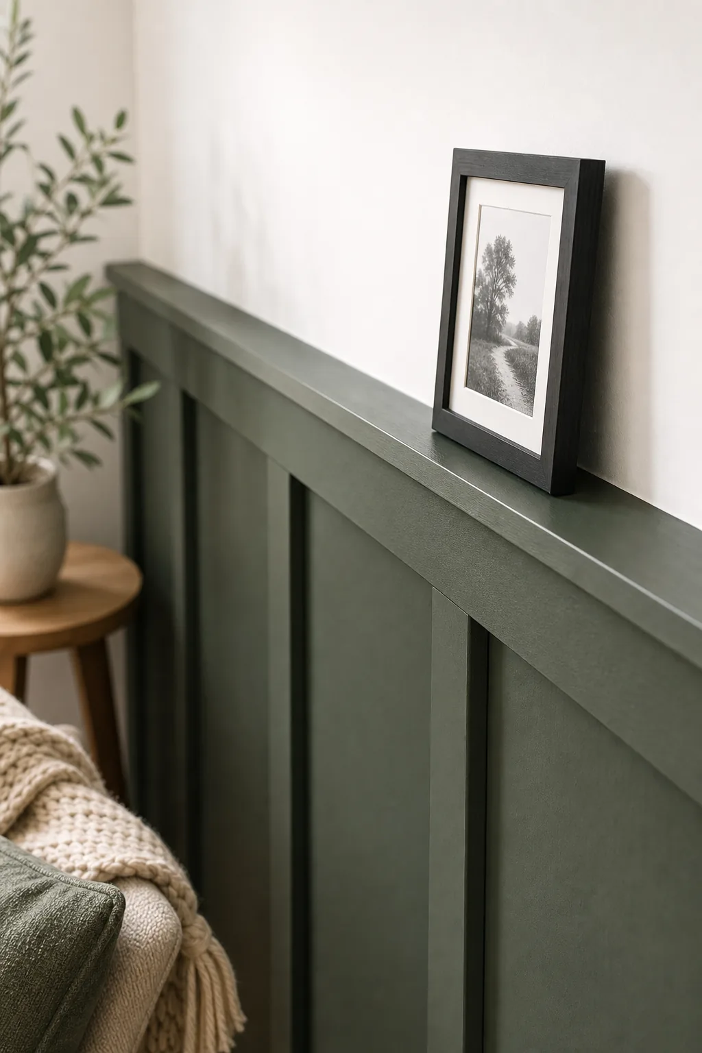 Side profile of a green top rail ledge holding a small framed art print against a white wall.