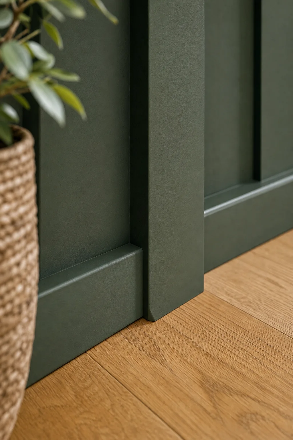 Bottom of a vertical green batten with an angled cut tapering into a thinner green baseboard.