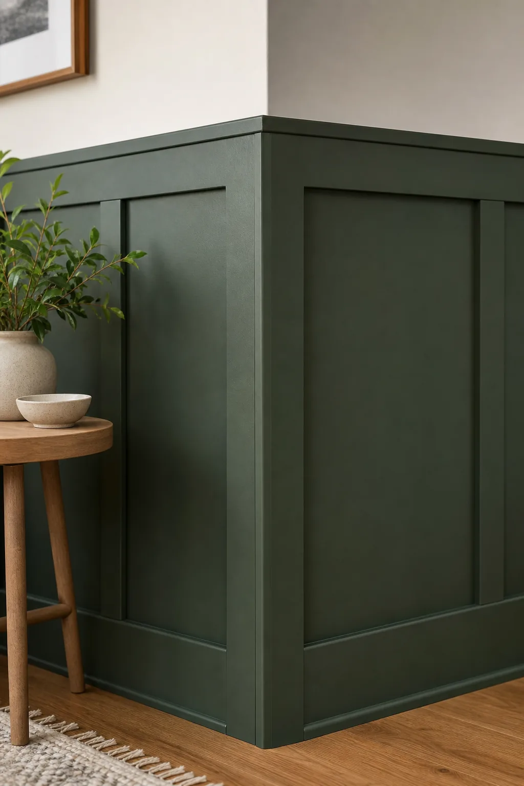 Close-up of a perfectly smooth, painted inner corner seam between a wall batten and the flat wall.