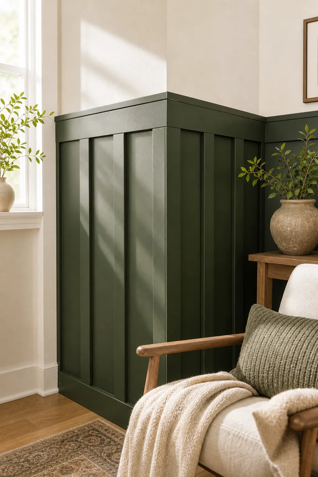 Sharp, painted outside corner of a board and batten wall showing a seamless mitered wood joint.