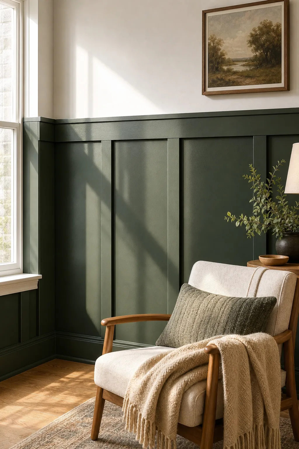Natural light reflecting off the satin finish of deep green wall panelling.