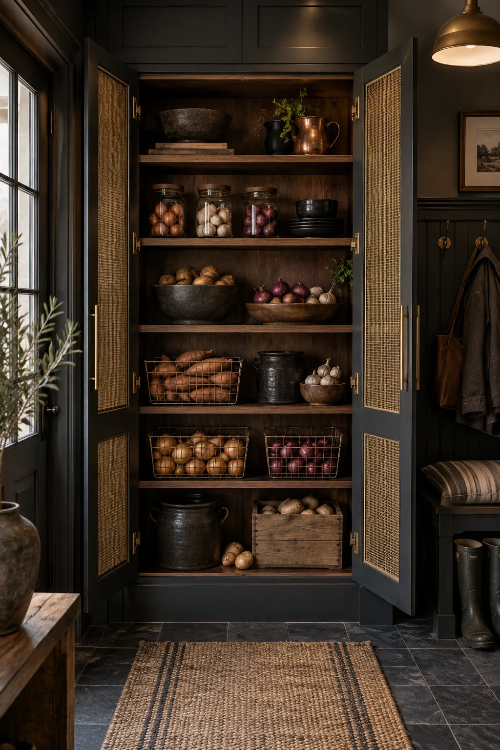 Dark charcoal wall pantry with brass mesh doors and walnut interior