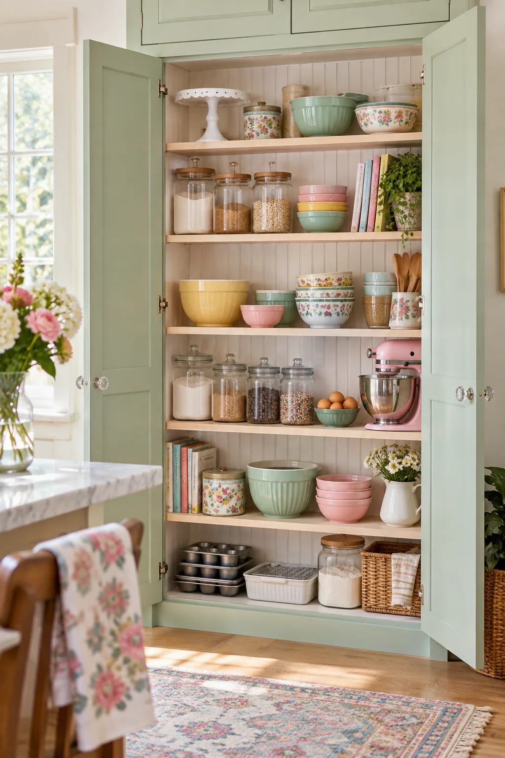 Mint green wall pantry with white beadboard interior and baking supplies