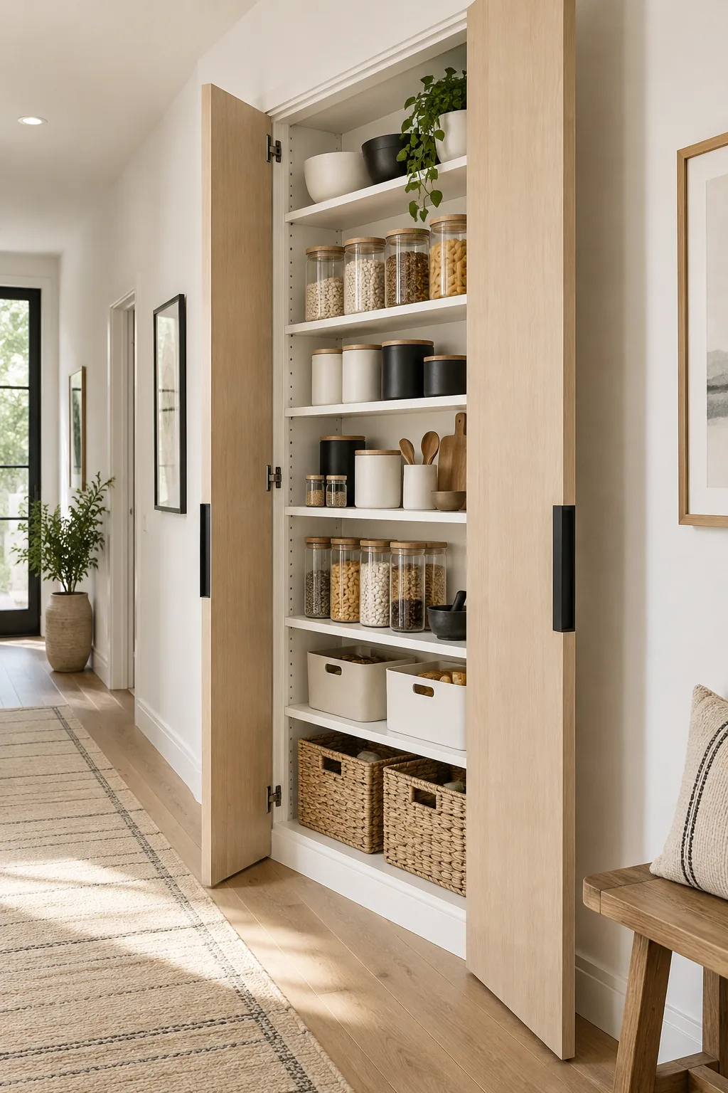 Modern white oak flat-panel pantry with a stark white interior and black hardware