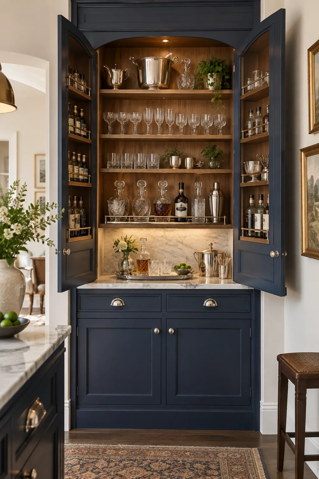 Navy blue arched wall pantry with a marble shelf and crystal decanters