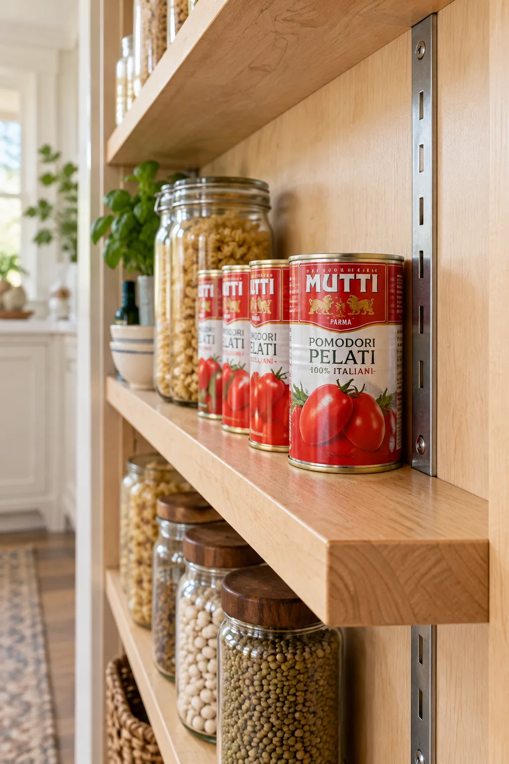 Solid wood storage bins attached to the inside of a cabinet door, filled with spices and oils