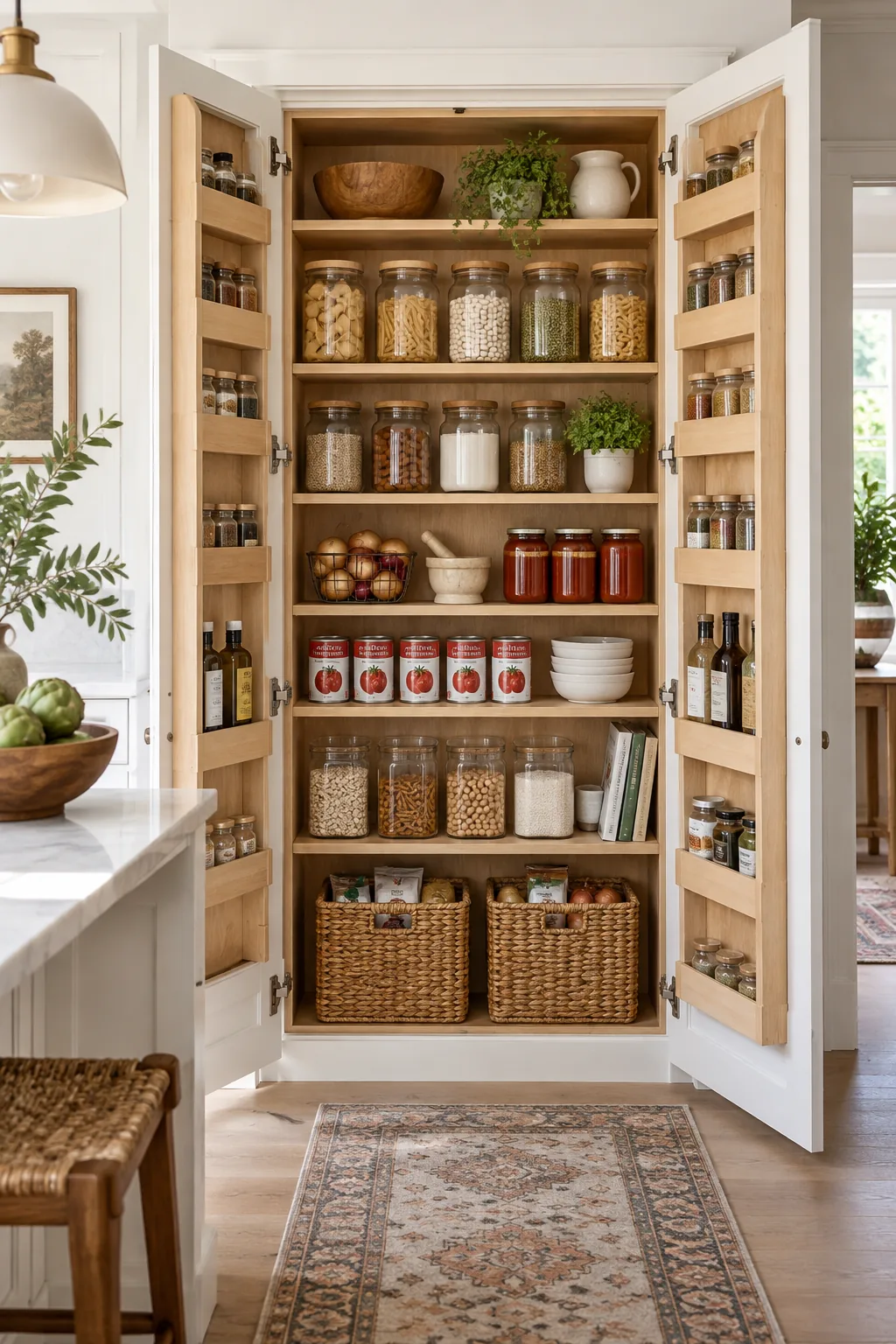 Recessed metal shelf track sitting flush inside a wood cabinet wall next to stacked cans