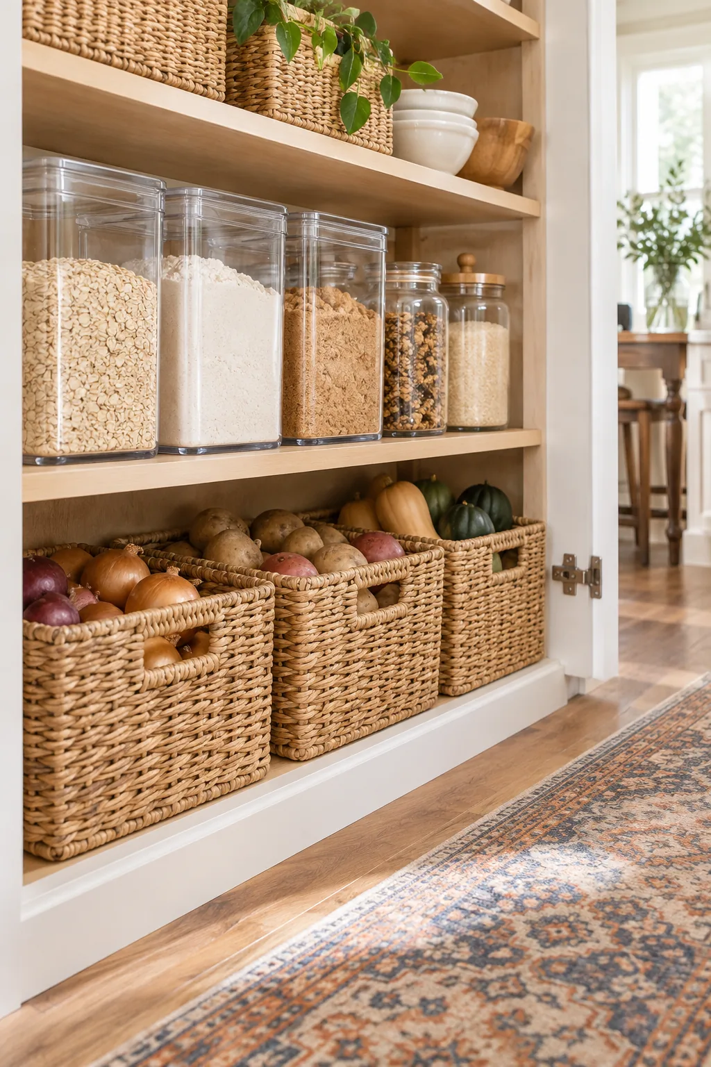A shallow wood shelf holding exactly one row of glass jars filled with dry goods