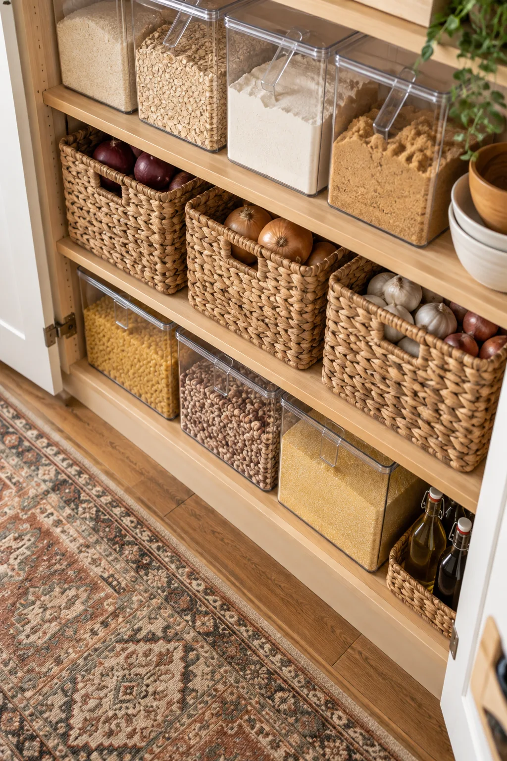 Bottom shelves of a wood pantry holding large woven baskets and clear bulk bins