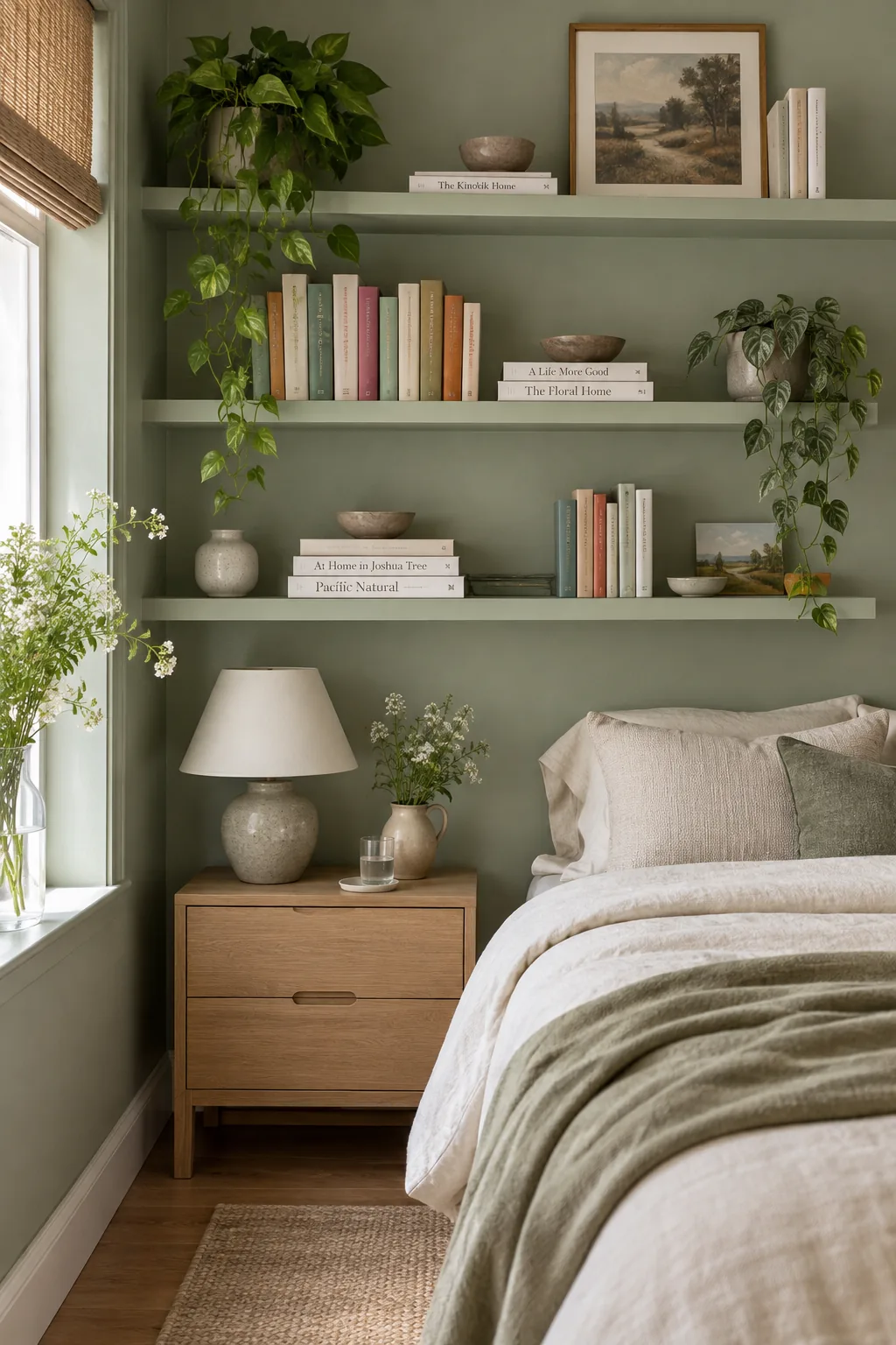 Floating shelves painted the exact same color as the dark green wall behind them