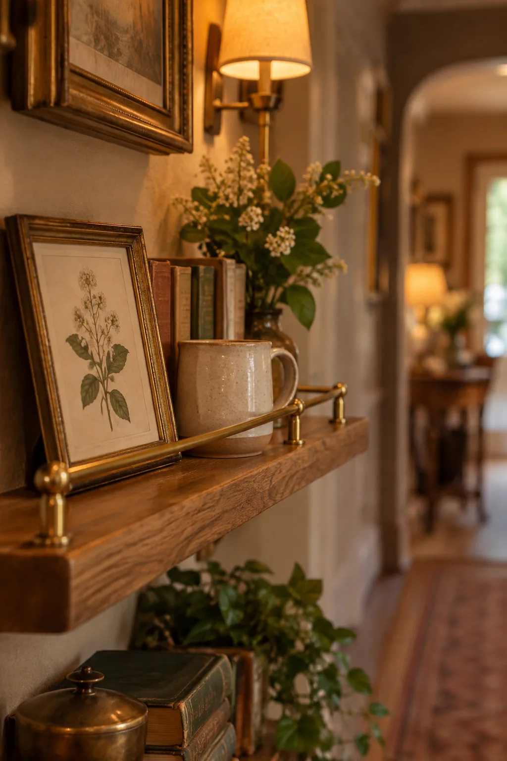 Wooden wall shelf featuring a thin brass gallery rail across the front edge