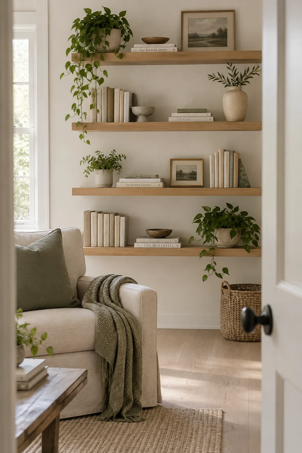 Three stacked wall shelves perfectly spaced twelve inches apart with books and vases
