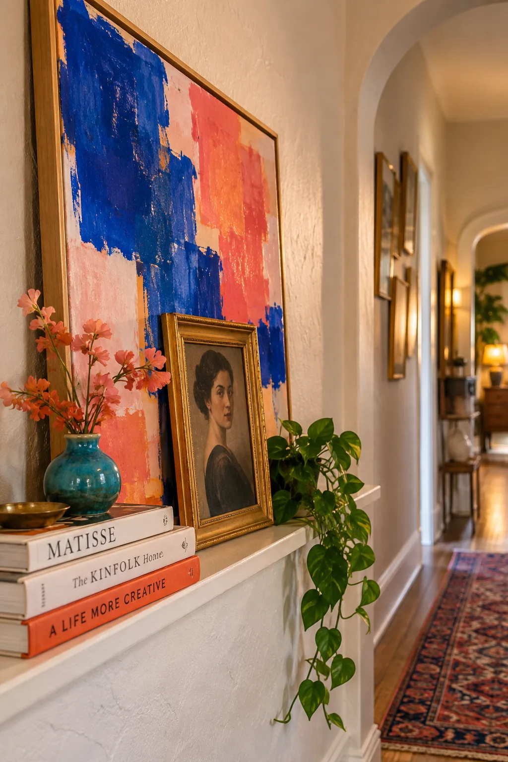 Picture ledge on a hallway wall with overlapping framed artwork and small canvas pieces
