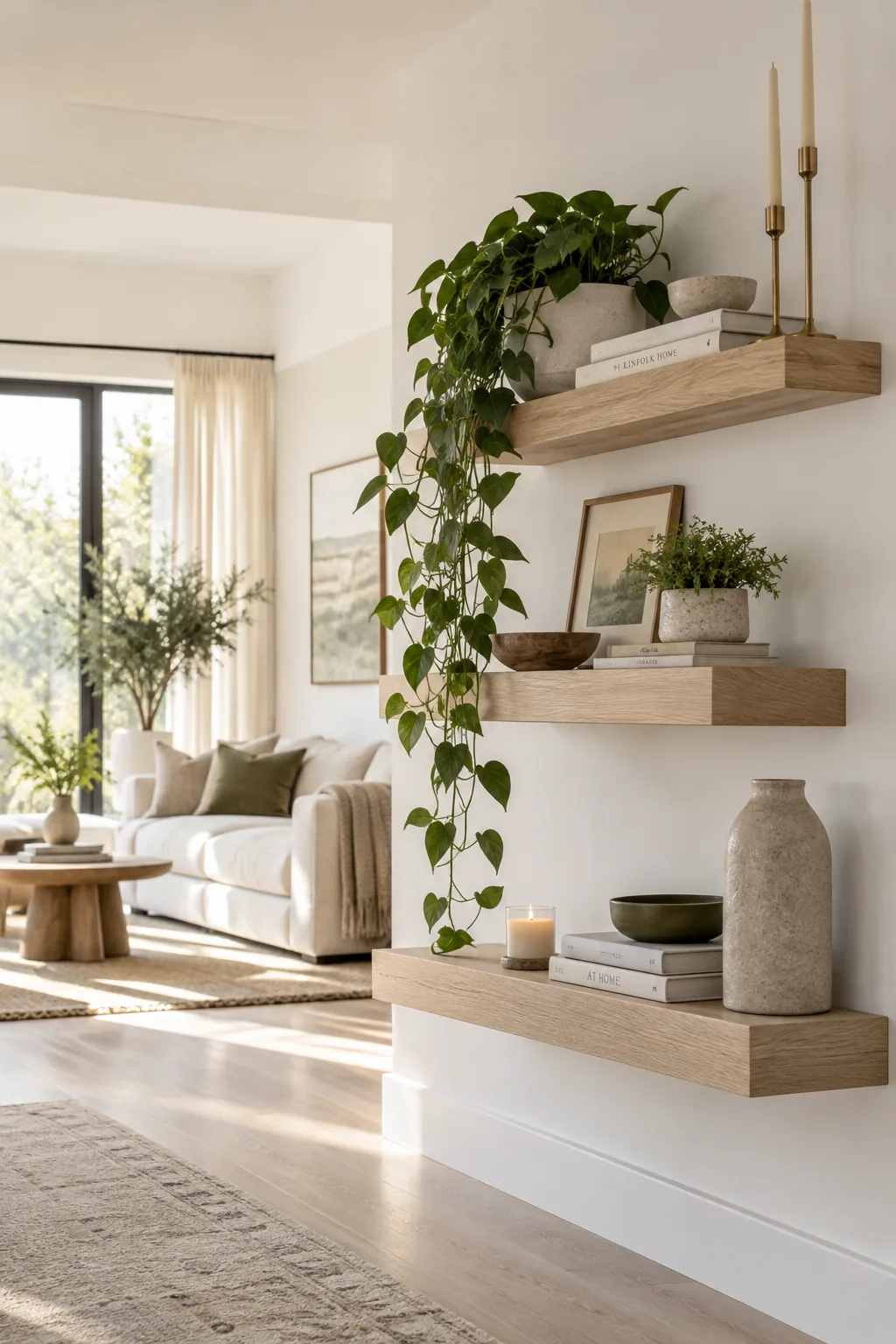 Three floating shelves arranged asymmetrically on a white wall with trailing plants