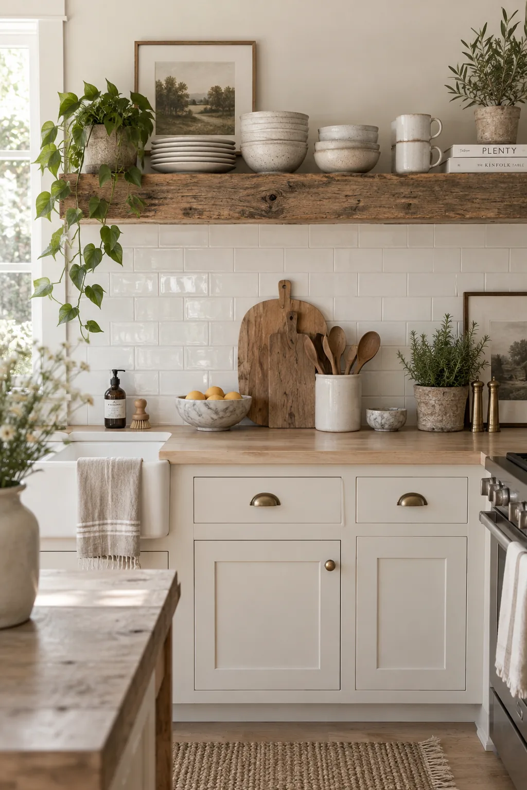 One long reclaimed wood shelf replacing upper cabinets in a bright kitchen