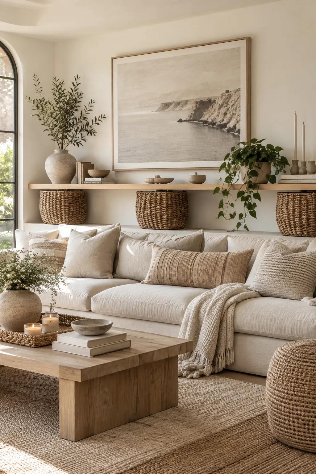 Styling a wall shelf starting with a large woven basket and a big art print