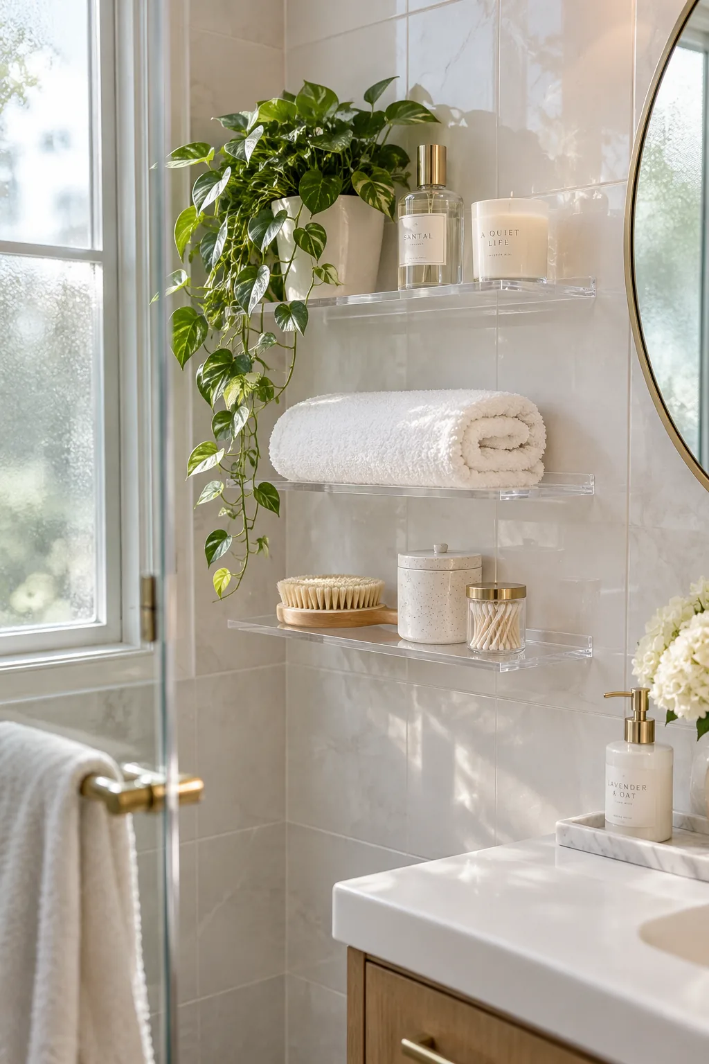 Clear acrylic wall shelves holding skincare products in a dark bathroom corner