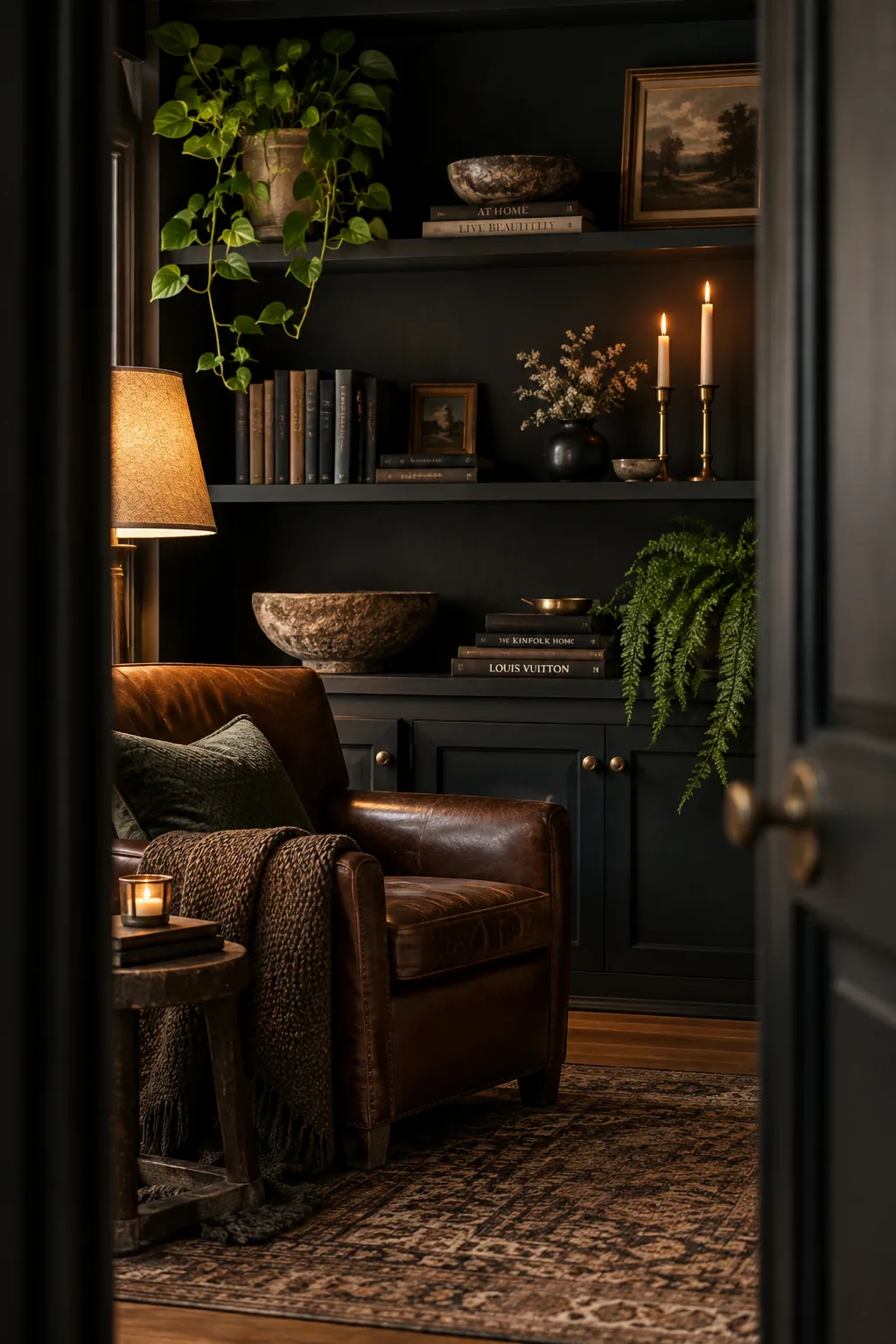Matte black floating shelves mounted on a charcoal gray wall with brass accents