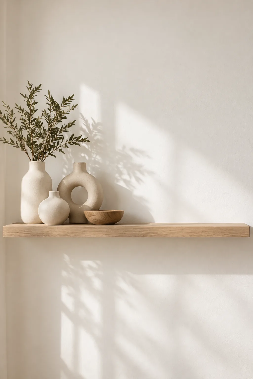 Minimalist wall shelf with decor clustered on the left and the right side bare