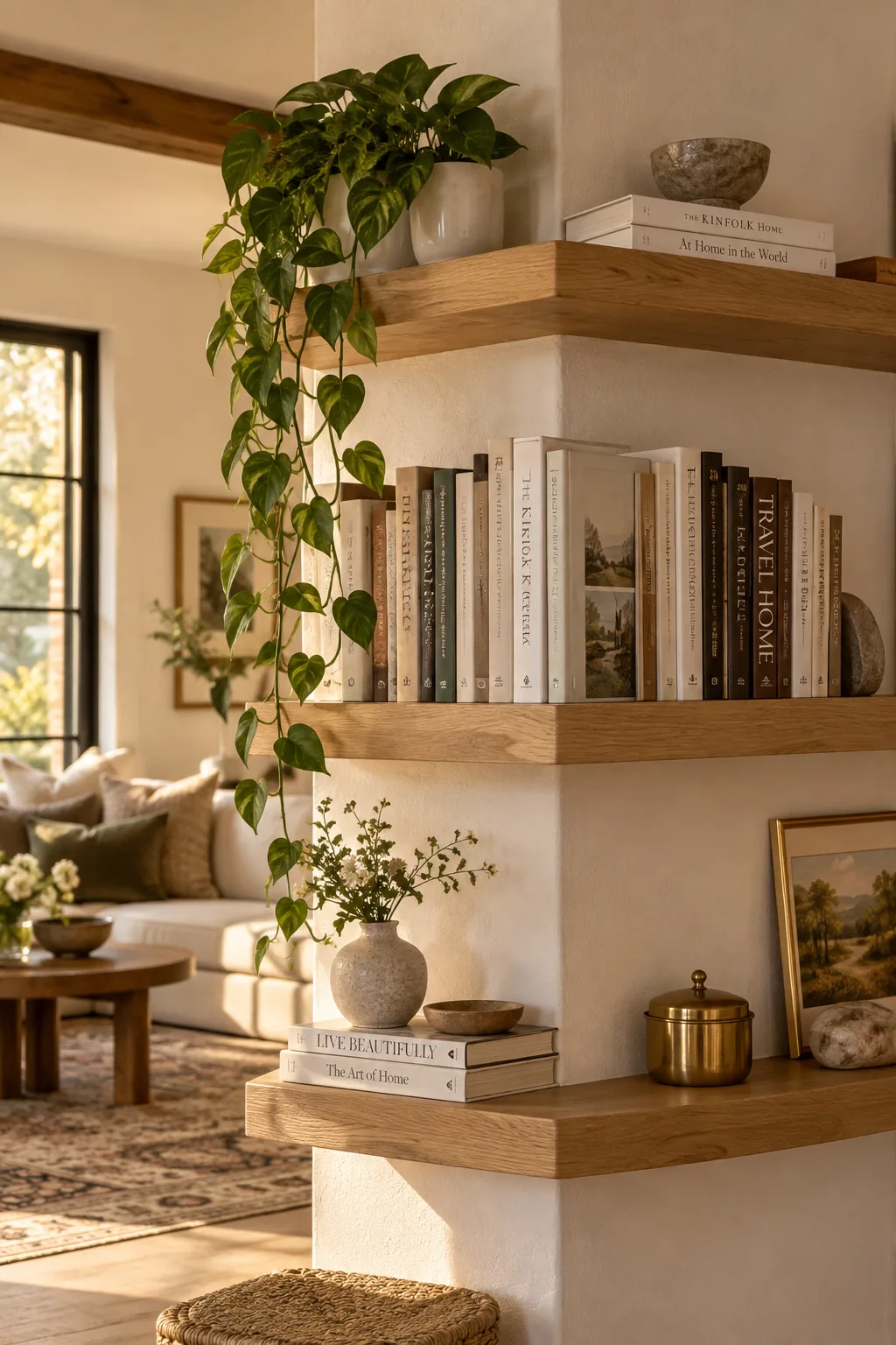 Custom wooden shelves wrapping continuously around an outward-facing structural wall corner