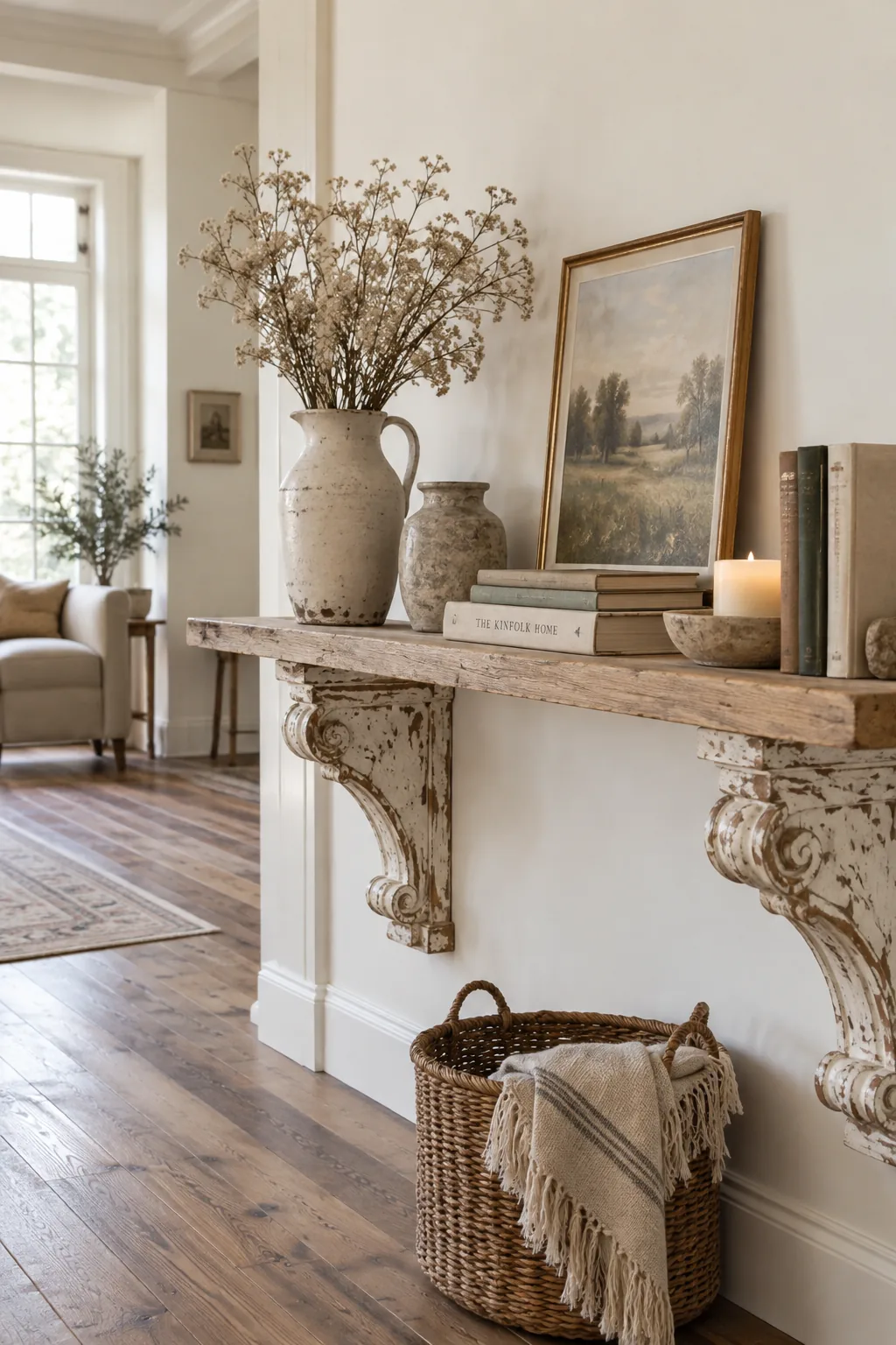 Simple pine wall shelf supported by ornate, chipped-paint antique wooden corbels