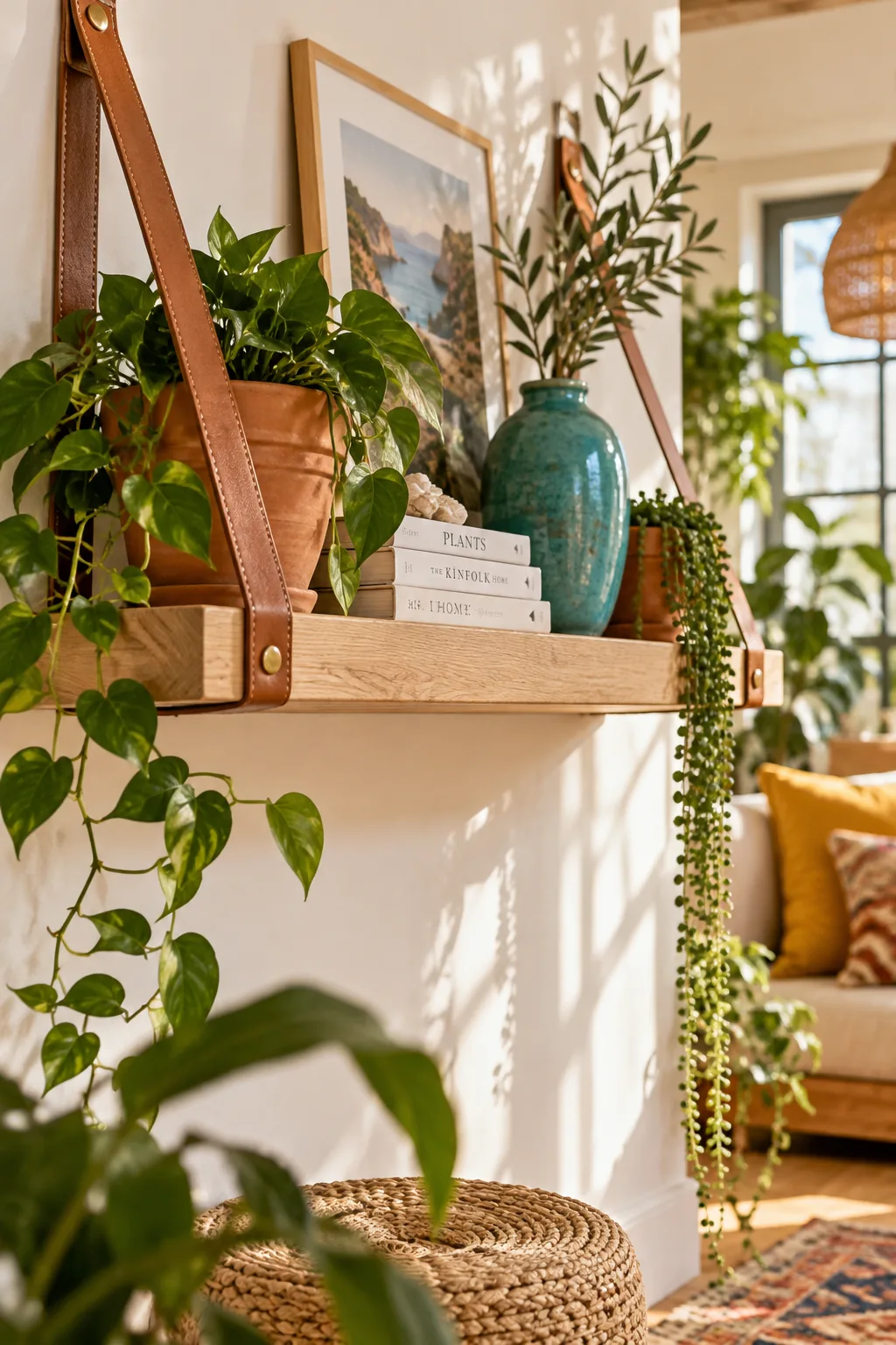Light oak wall shelf suspended by thick tan leather straps against a white wall