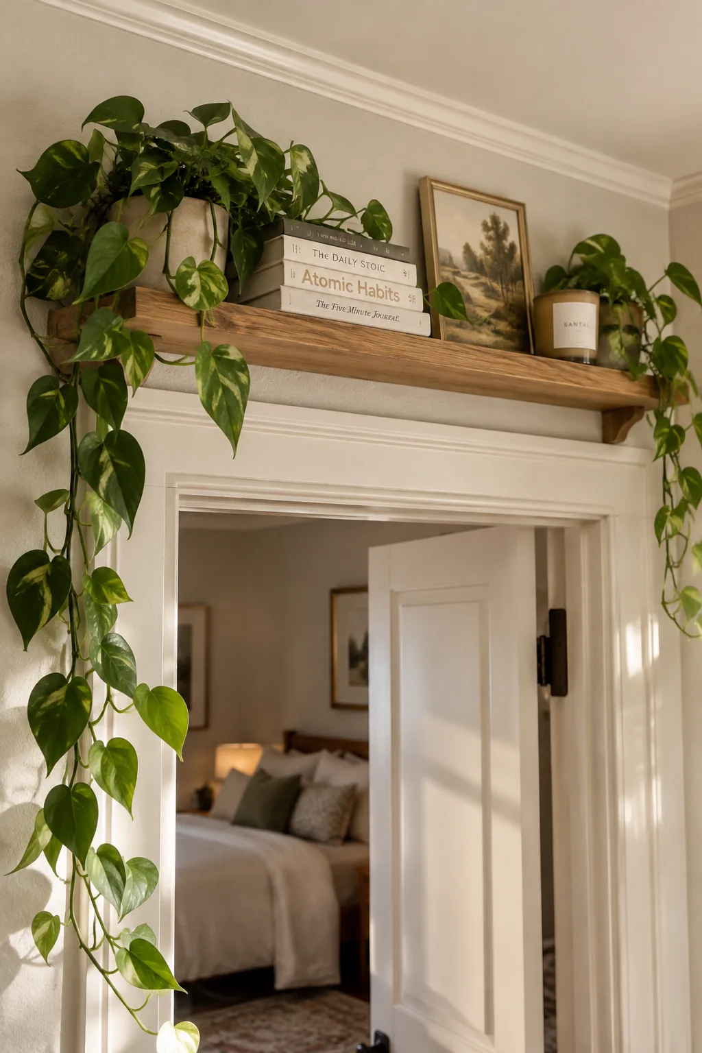 Single wooden wall shelf mounted directly above a bedroom door frame holding books