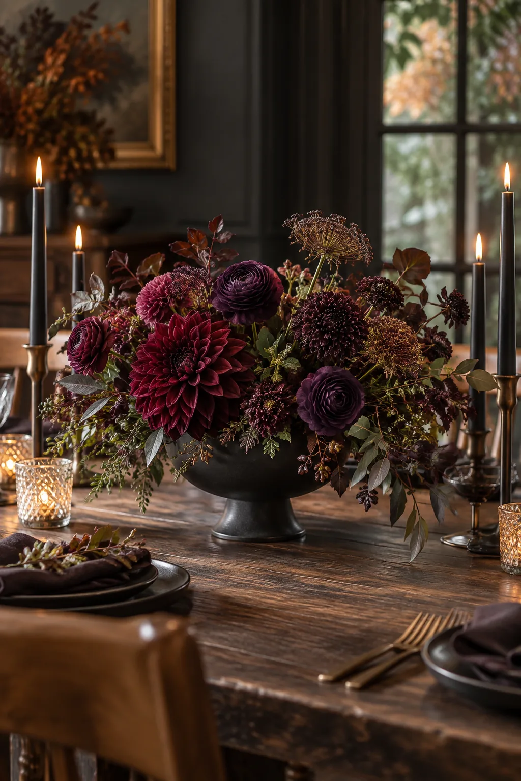 Dark burgundy and plum flowers in a black ceramic footed bowl on a dark wood table.