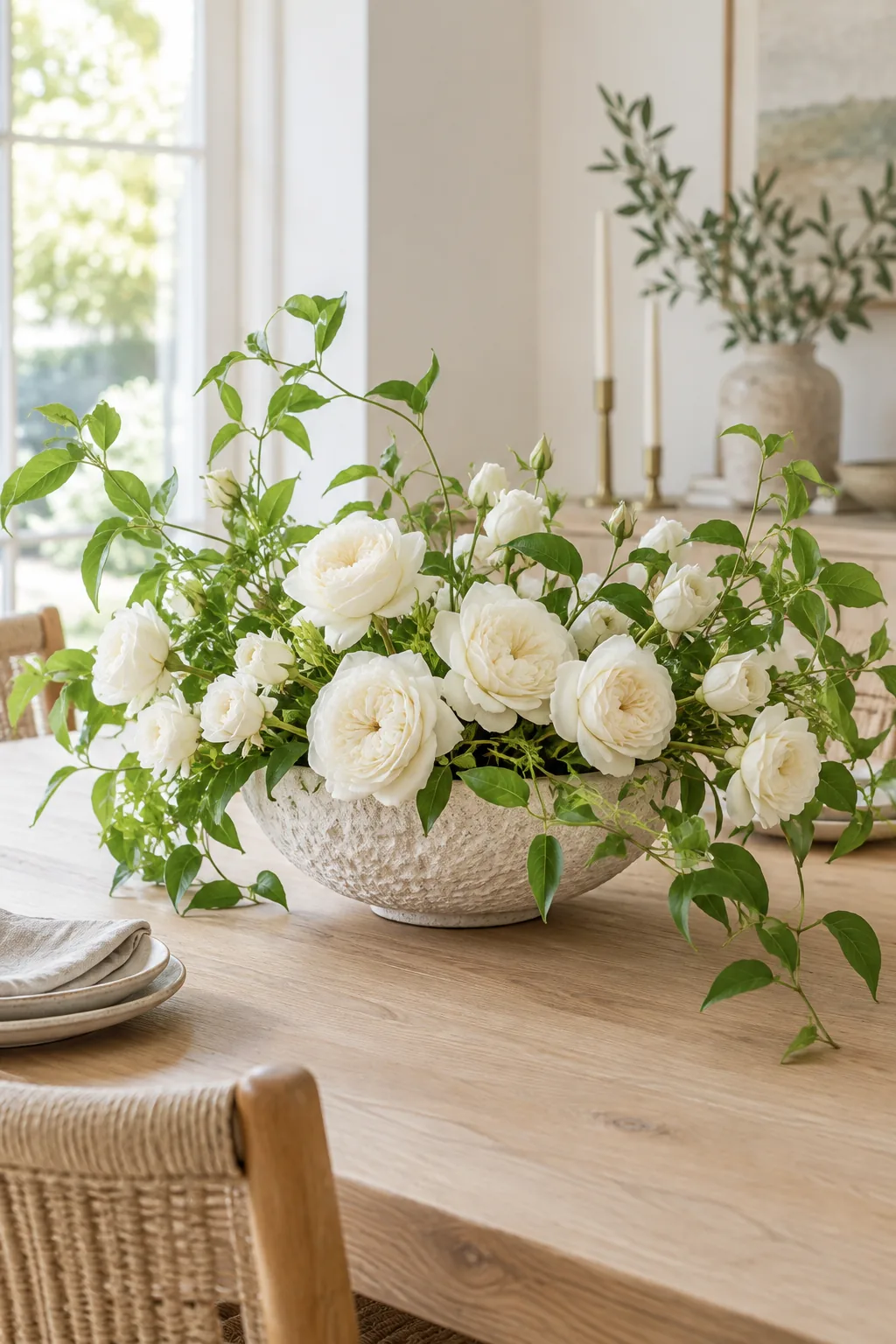 All white roses and green foliage in a pale stone bowl on a bare oak table.