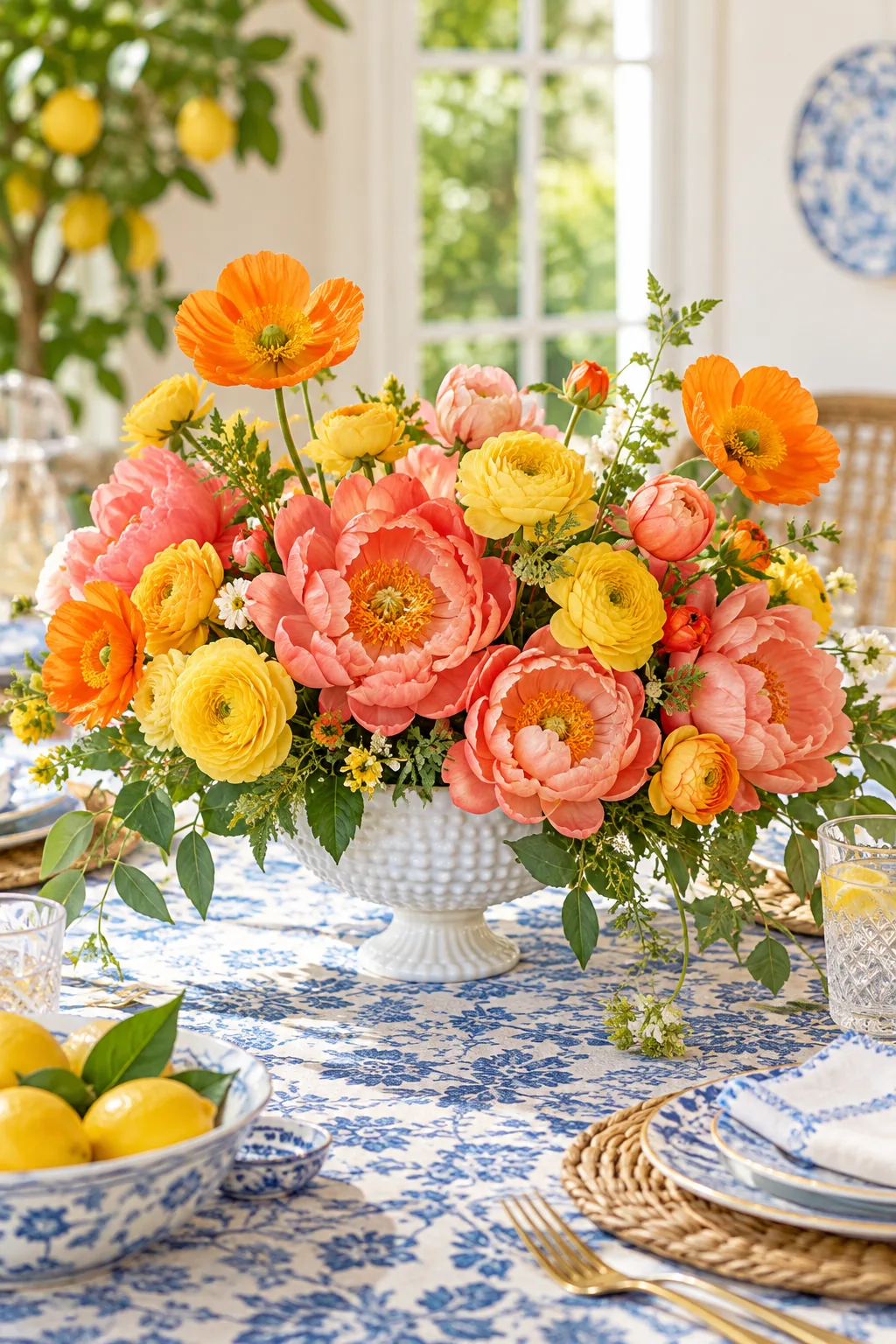 Bright orange, yellow, and peach flowers in a white glass bowl on a blue patterned tablecloth.