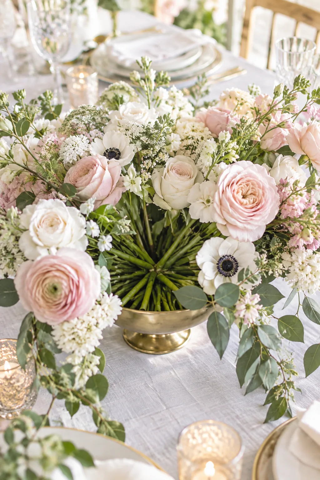 Thick flower stems converging tightly into the center of a brass bowl.