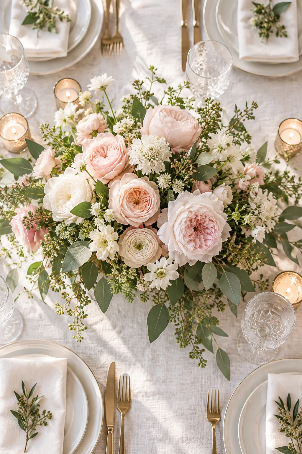 Seeded eucalyptus leaves draping over the edge of a brass bowl onto a table.