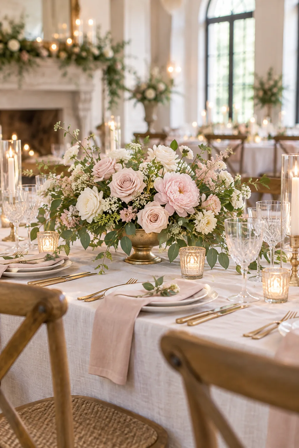 Eye-level view across a dining table showing a floral centerpiece sitting low between place settings.