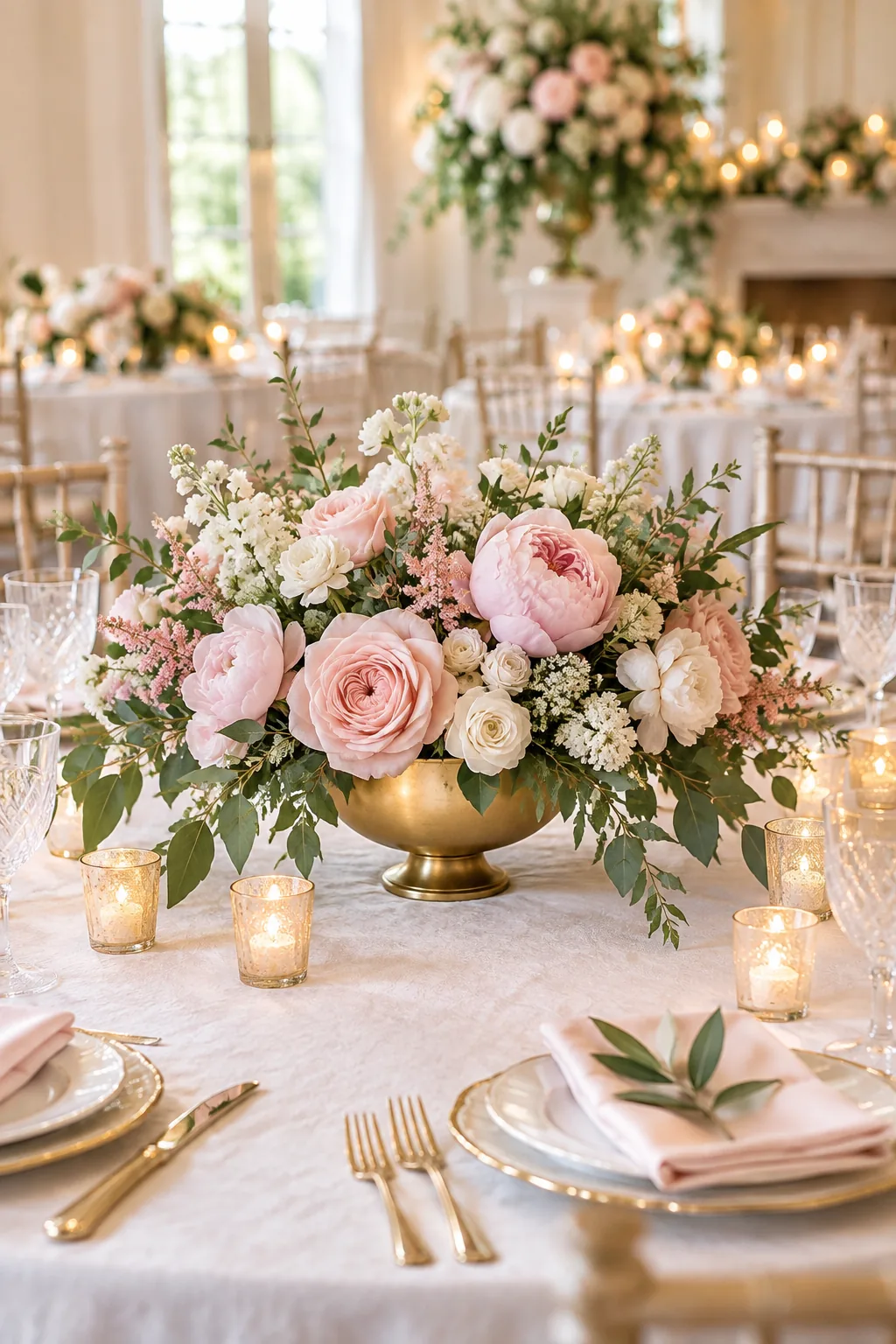 Complete lush pink and white floral centerpiece surrounded by lit votive candles on a set wedding table.