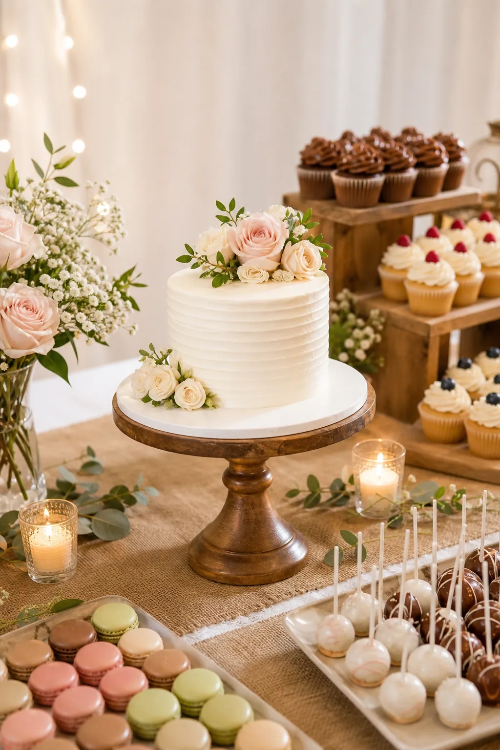 A 6-inch white frosted wedding cake decorated with fresh roses on a wooden cake stand.