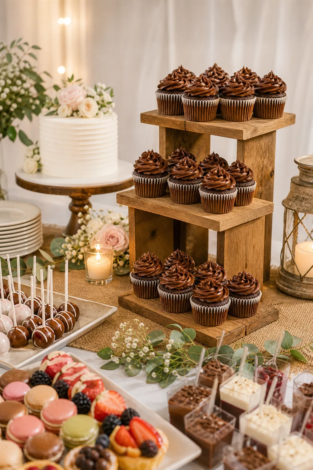 Chocolate cupcakes arranged on multi-level wooden risers on a dessert table.