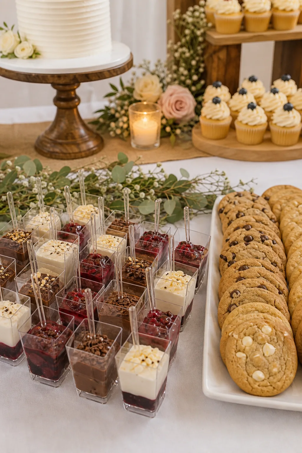 Overhead view of neat rows of dessert shooters and cookies at the front edge of a table.