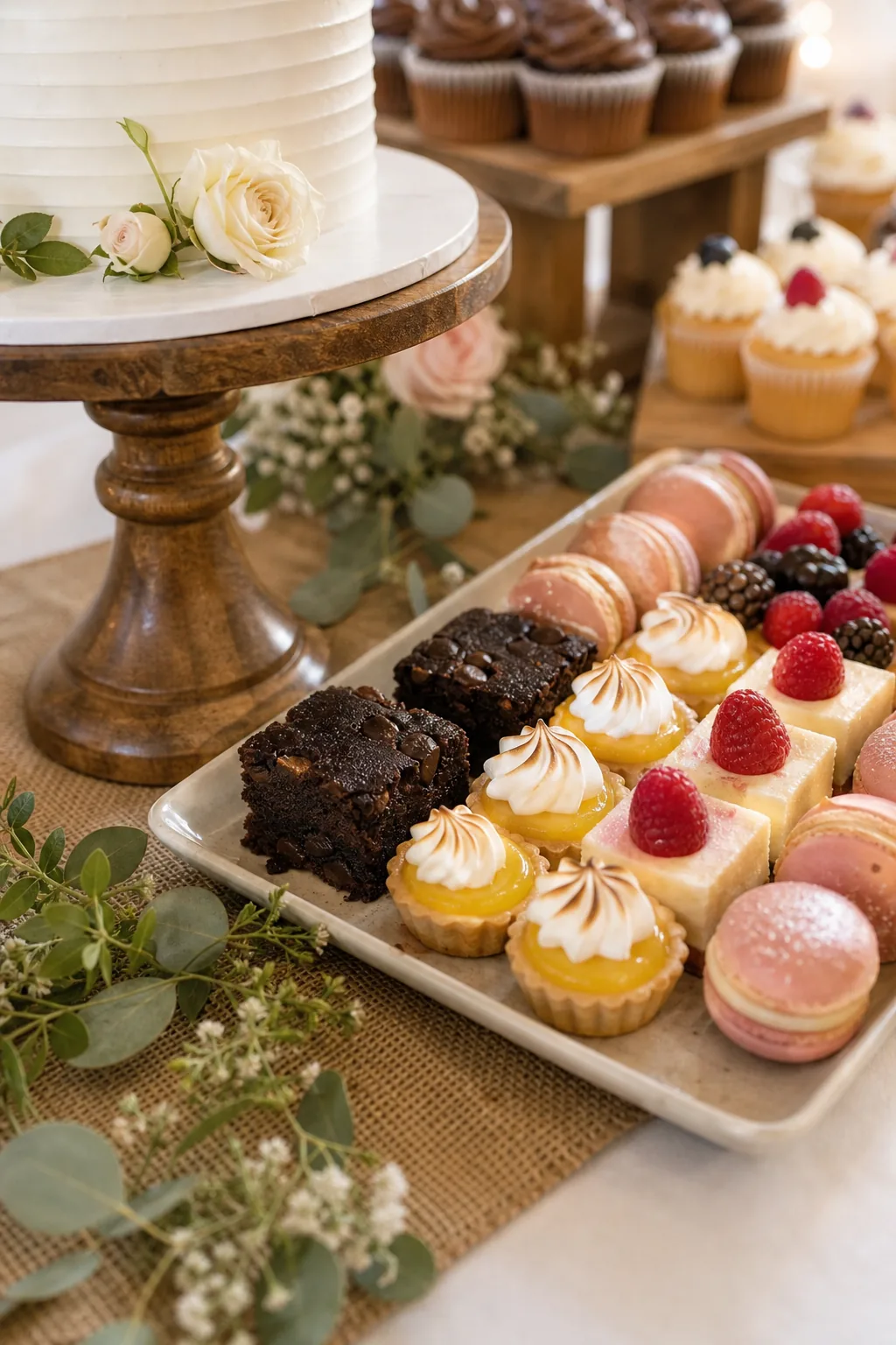 A rectangular dessert platter overlapping the base of a wooden cake pedestal.